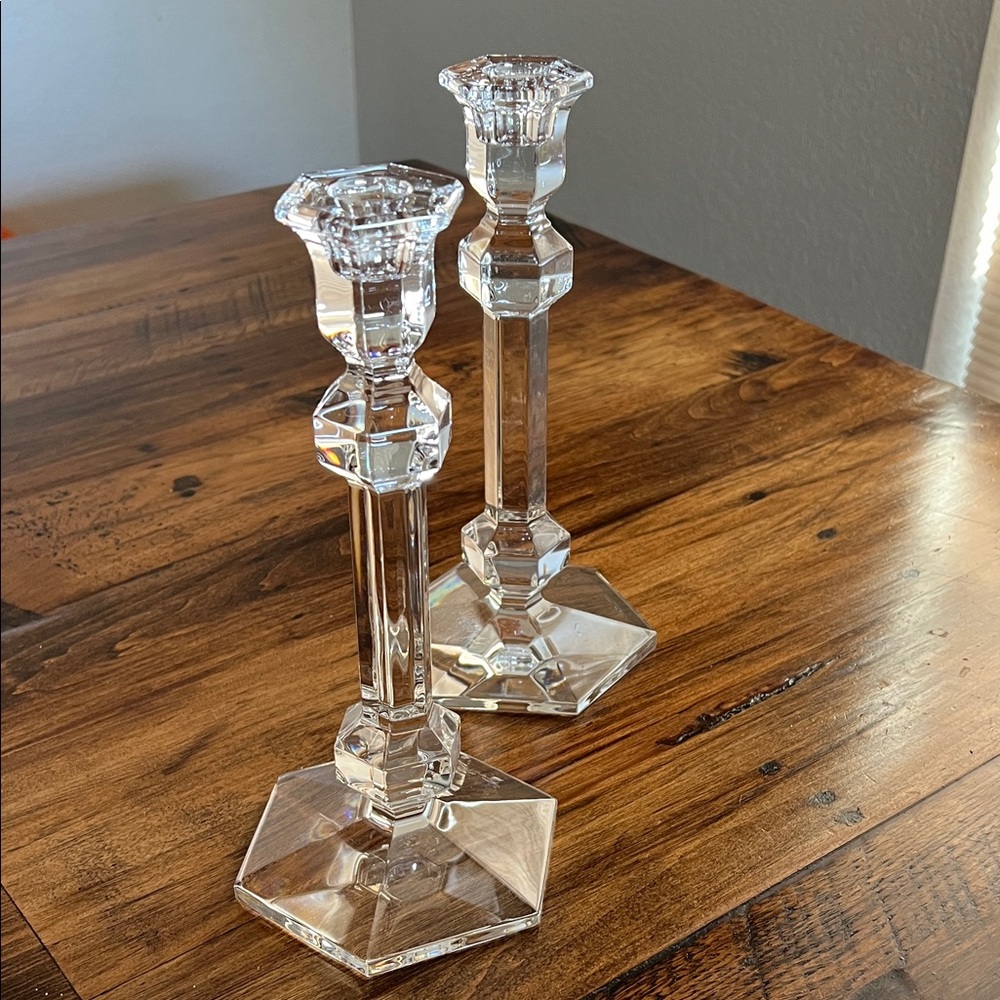 Vintage Pair of Val St. Lambert Gardenia Crystal Candlesticks Like New Signed